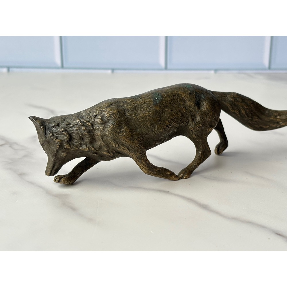 Vintage Brass Fox Figurine Prowling Hunting Animal Statue 6 Inch Patina - Picture 9 of 10